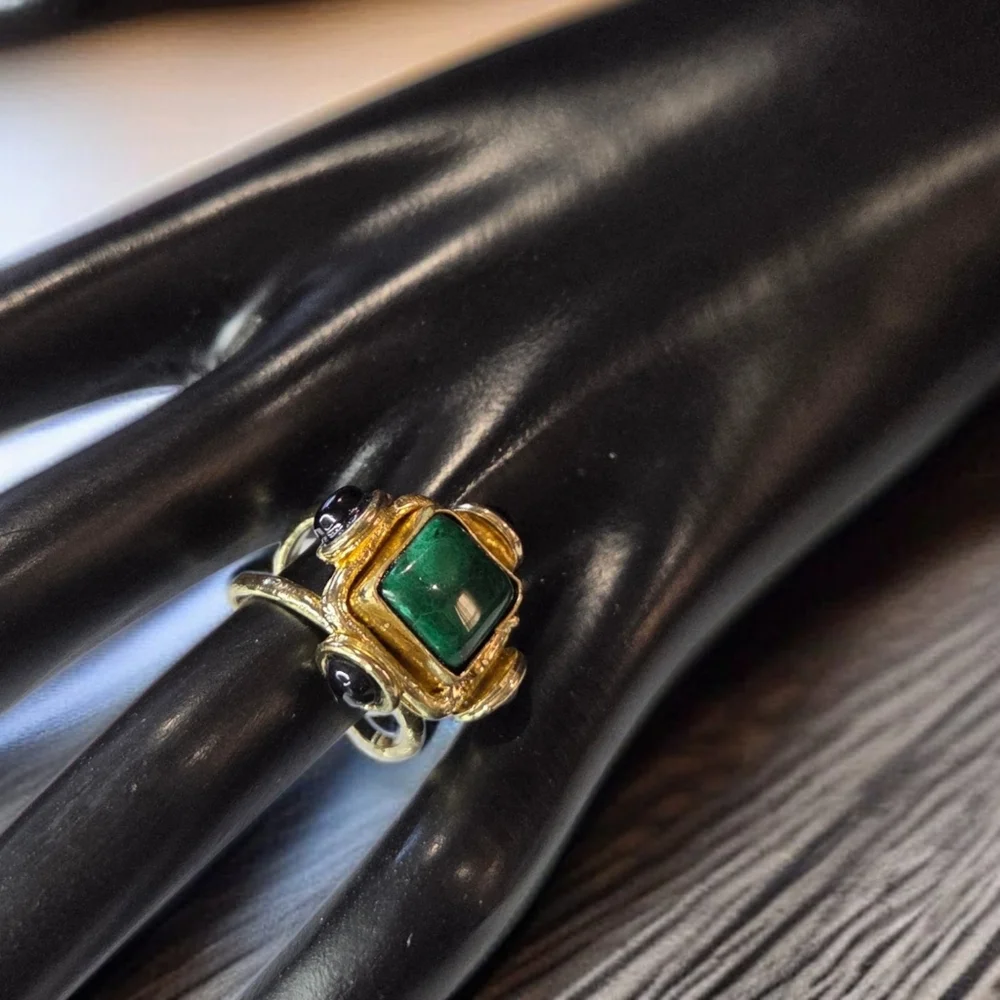 18k Gold Plated Genuine Emerald & Jet Onyx Statement Artisan Ring